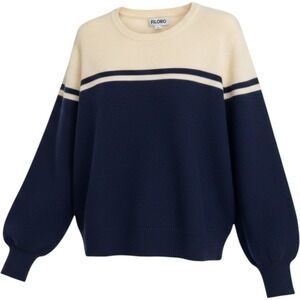 Filoro Womens‎ 100% Cashmere Striped Puff Sleeve Sweater Ivory Navy NWT Small
